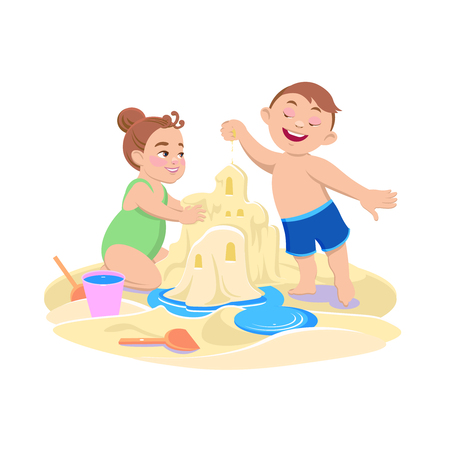 Cartoon girl and boy playing in the sand on the beach Vector illustrationのイラスト素材