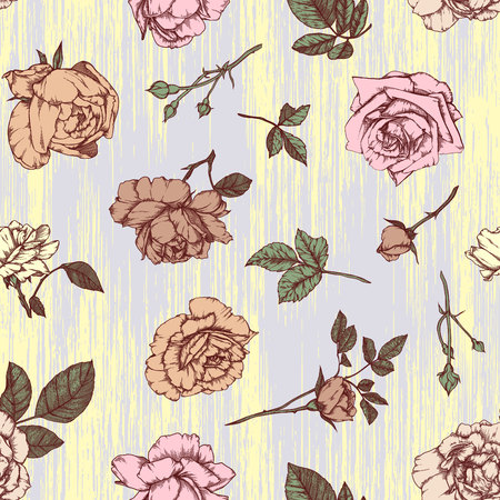 Seamless pattern with roses. Vintage design in sketch style. Hand-drawn vector illustrationのイラスト素材