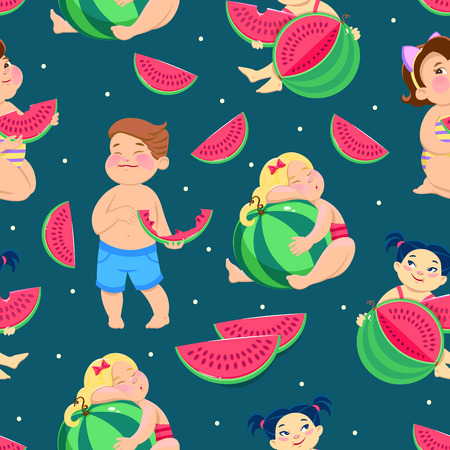 seamless pattern with children eating watermelon. Vector illustrationのイラスト素材