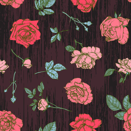 Seamless pattern with roses. Vintage design in sketch style. Hand-drawn vector illustrationのイラスト素材