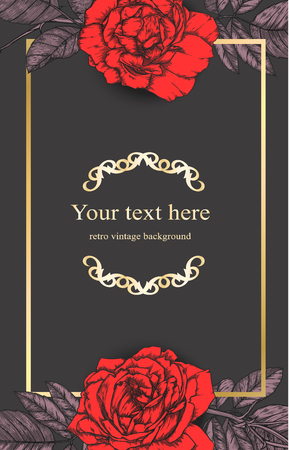 Vintage background, antique, victorian hand drawn rose, baroque frame, beautiful old paper, card, ornate cover page, label; floral luxury ornamental pattern template for designのイラスト素材