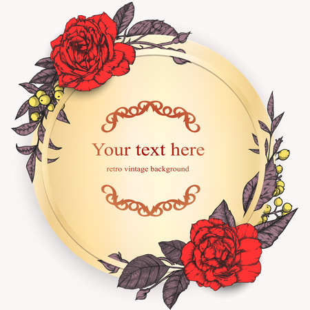 Vintage background, antique, victorian hand drawn rose, baroque frame, beautiful old paper, card, ornate cover page, label; floral luxury ornamental pattern template for designのイラスト素材