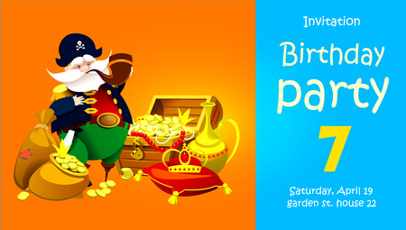 One-legged pirate captain with treasure. Invitation to a children's party. Vector illustrationのイラスト素材