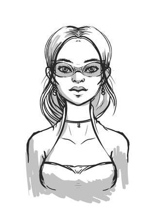 sloppy sketch of a modern girl with glasses. Fashionable Vector Illustrationのイラスト素材