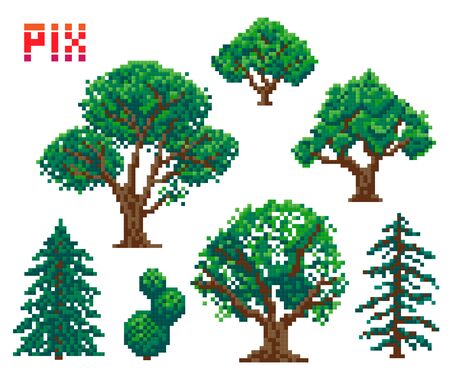 set of pixel trees, pixel art on white background. vector illustrationのイラスト素材
