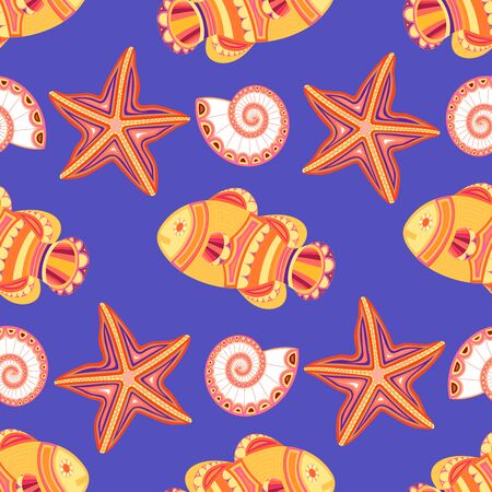 Seamless marine background with fish and starfish Vector illustrationのイラスト素材