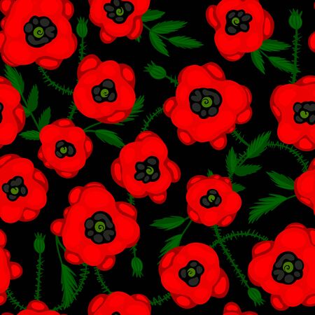 Seamless pattern with poppies on a black background. vector illustrationのイラスト素材