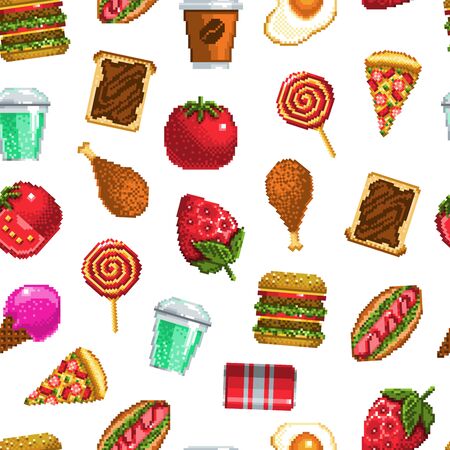 Seamless pattern with food in pixel art style on a white background. Vector illustrationのイラスト素材