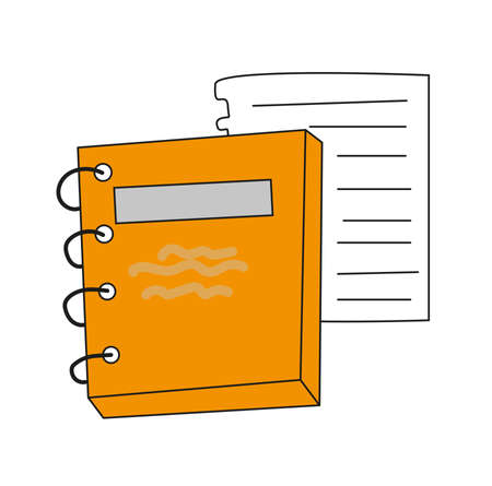 Illustration of a book and a sheet of paper. School or office notebook. Notebook icon. Doodles school supplies.のイラスト素材
