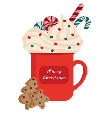 Illustration of red Christmas mug with whipped cream, lollipops, candy cane. Below are gingerbread cookies, decorated with sprinkles. Merry Christmas on the cupのイラスト素材