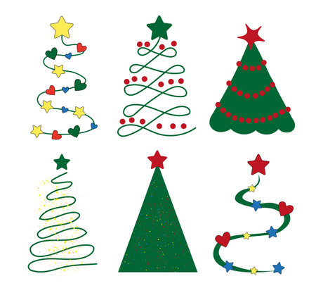 Set of Christmas tree icons and stickers. Abstract Christmas trees with Christmas toys.のイラスト素材