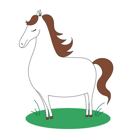 White horse with a brown mane on the grass. Doodle horse. Vector simple kid illustration.のイラスト素材
