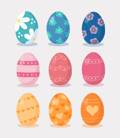 Set of Easter eggs in different colors and textures. Happy easter spring holiday. Easter eggs vector illustration with flowers, hearts and stripes.のイラスト素材