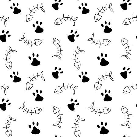 Cat paw, fish bone Seamless Pattern white background. Vector illustration. Animal cute pattern. Wallpaper and fabric design and decor.のイラスト素材
