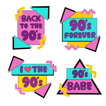 Set of emblems, stickers, logo and labels of the 90s. Back to 90s. I love the 90. Forever Young. 90s...