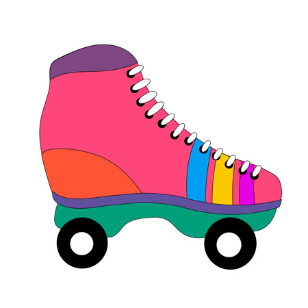 Retro colorful roller skate shoe - 90s and 80s style icon, sticker isolated on white background. Flat vector illustration.のイラスト素材