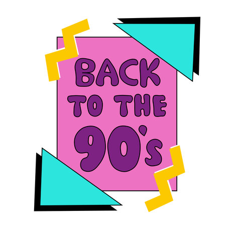 Emblem, sticker, logo and label of the 90s. Back to the 90s. Style label lettering with abstract colorful geometric shapes. Vector illustration retro back to 90s, flat in pop artのイラスト素材
