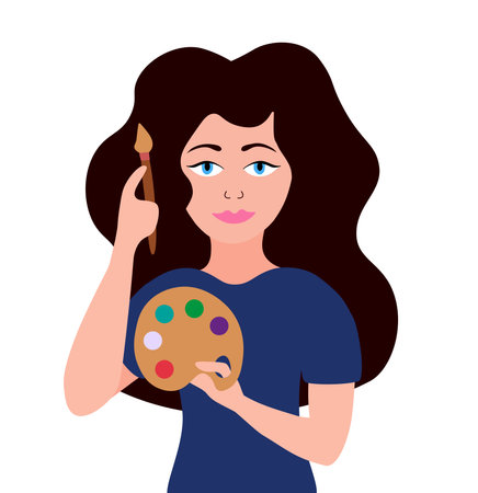 woman artist. Young creative art girl holding palette and brush. Flat vector illustration on a white background.のイラスト素材