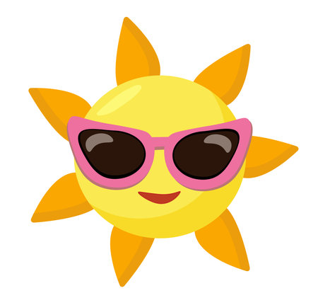 Sun with sunglasses and smile. Cartoon icon, sticker, logo, sign summer vector illustration.のイラスト素材