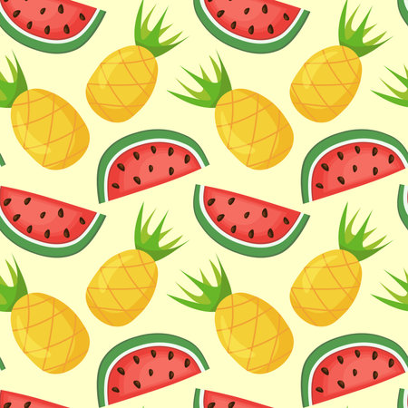Seamless pattern with watermelons and pineapples. Summer fruit print design for postcard, wrapping paper, textile, wallpaper.のイラスト素材