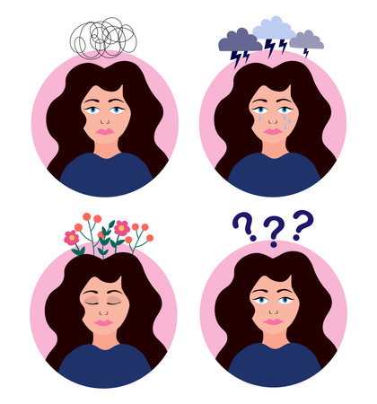 Sad woman cry, feel stressed, perplexity, calmness. Woman with mental problems. Stress Awareness. Anxiety. depression. ADHD. mental health. inner peace. Flat vector illustration.のイラスト素材