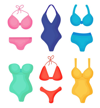 Summer women swimsuit collection. Bikini, swimwear set. vector cartoon illustration.のイラスト素材
