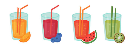 Fruit cocktails with straws set. Orange, watermelon, blueberry, kiwi juice. fresh summer drink. vector illustration.のイラスト素材