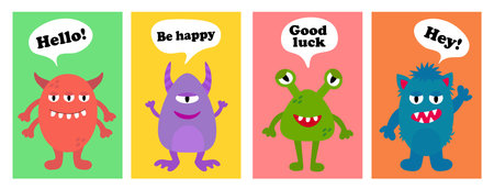 Cartoon and funny monster cards with text. Set of cute monster greeting or invitation card. Be...