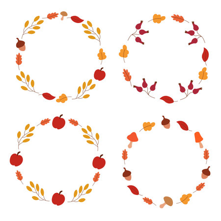 Vector set round frame of leaves, berries, mushrooms, apple, acorn for text. Seasonal autumn board illustration for the design of promotional discount poster, cards.のイラスト素材