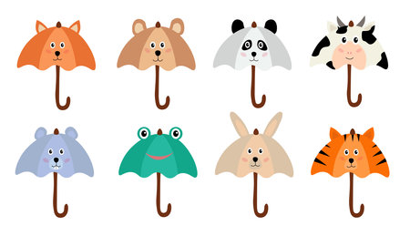 Collection of animalistic umbrellas. pictures for children. Accessories with animals. Rabbit, fox, bear, mouse, frog, tiger, panda, cow. Graphic elements. flat vector illustrationのイラスト素材