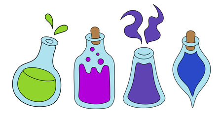 Potion bottles set isolated on white background. Cartoon flat vector illustration of different shape glass jars with colorful liquid substance. Magic shop, witchcraft accessories.のイラスト素材