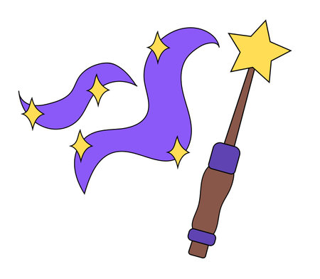Magic wand with sparkle isolated on white. Miracle magical witch stick. wizard tool. Vector flat illustration.のイラスト素材