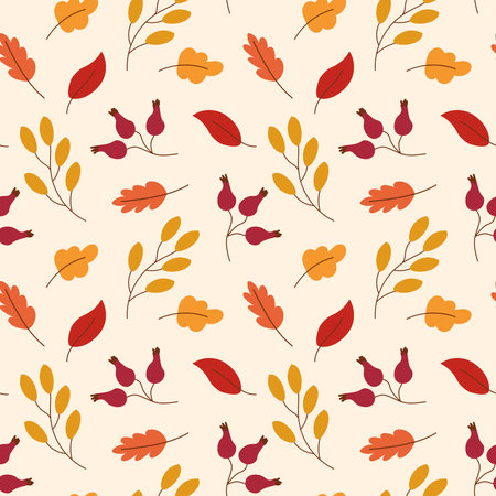 Seamless vector autumn pattern with berries and branches, leaves. Fall colorful floral background. Elegant floral seamless pattern for fabric, texture, wallpaper, poster, postcard.のイラスト素材