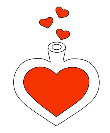 Poison bottle. Heart shaped vessel. Vector flat illustration. Witch love potion in a flask.のイラスト素材