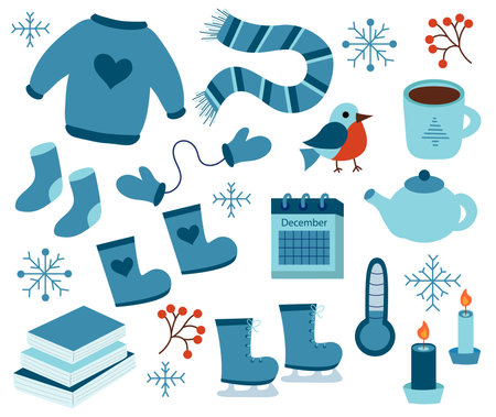Winter elements set. Sweater, socks, boots, scarf, mittens, skates. Teapot and cup. Calendar December. Bird bullfinch. Snowflakes. Candles and books. Vector flat illustration.のイラスト素材