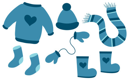 Winter clothes set. Sweater, socks, boots, scarf, mittens, hat. Vector flat illustration.のイラスト素材