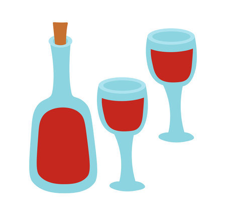 Two glasses and red wine bottle. Vector flat illustration.のイラスト素材
