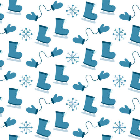 Winter and Christmas seamless pattern. Snowflakes and ice skates, mittens. Vector flatのイラスト素材