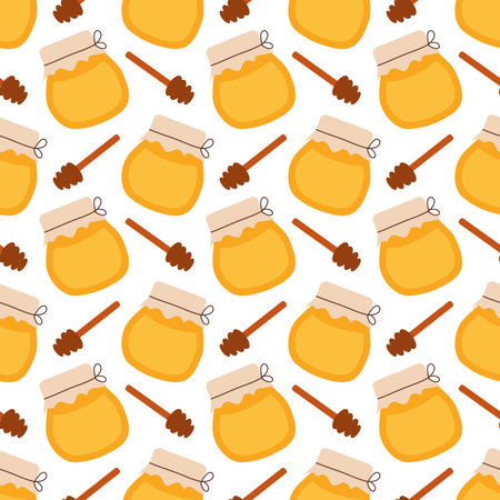Seamless pattern with honey jar and honey dipper spoon. Vector illustration for honey design, beekeeper branding, background, wrapping paper, fabric textile.のイラスト素材