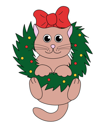 Cartoon Christmas and New Year Cat character. Cute Kitten in wreath. Vector flat illustration.のイラスト素材