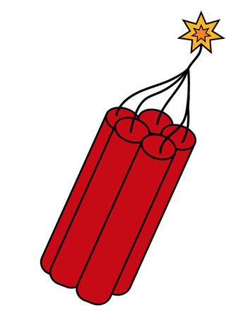 Red bunch of dynamite icon with burning fuse isolated on white background. Vector flat illustration.のイラスト素材