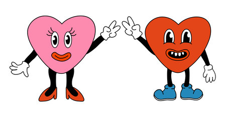 Retro 70s 60s 80s Hippie Groovy Valentine day lovely Hearts Characters girl and boy. Show peace sign. Mascots in Funky trendy cartoon style. Vector flat illustration.のイラスト素材