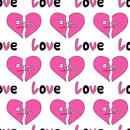 Seamless Pattern with hearts and text love in emo style. Y2k. Black and pink. Broken heart with pin. Vector flat illustration.のイラスト素材