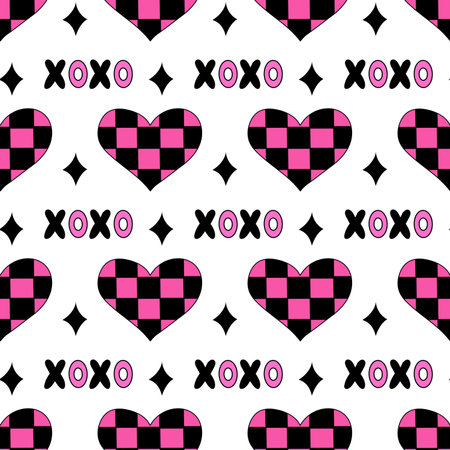 Seamless Pattern with Hearts in chessboard, text XOXO and stars in emo style. Y2k. Black and pink. Vector flat illustration.のイラスト素材
