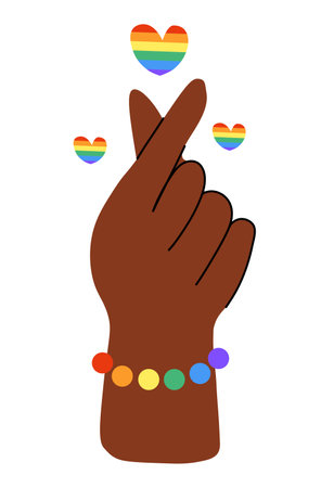 K-Heart gesture. Hand with bracelet. Korean heart finger sign. LGBTQ. Symbol of the LGBT pride community. Rainbow. Vector flat illustration.のイラスト素材