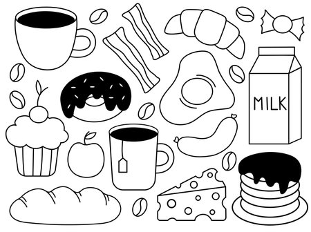 Breakfast and morning icon set. Doodle food and drink. Vector hand drawn Flat Illustration.のイラスト素材