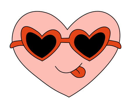 Heart Pink Character for Valentine Day in sunglasses. Smile and show tongue. Mascot in groovy and Y2k style. Vector cartoon illustration.のイラスト素材