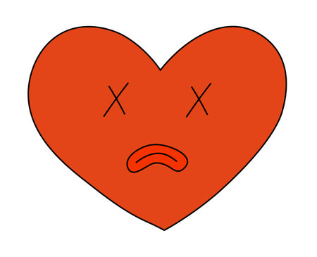 Dead Sad Heart Character for Anti Valentine Day. Mascot in groovy and Y2k style. Vector cartoon illustration.のイラスト素材