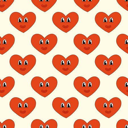 Seamless Pattern with Heart Red Character Smile for Valentine Day. Mascot in groovy and Y2k style. Vector cartoon illustration.のイラスト素材