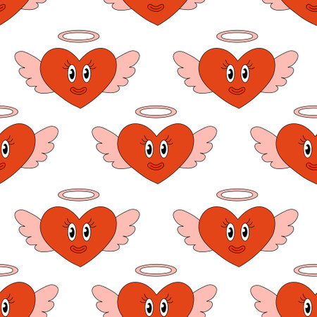 Seamless Pattern with Angel Heart Character for Valentine Day. Mascot in groovy and Y2k style. Vector cartoon illustration.のイラスト素材